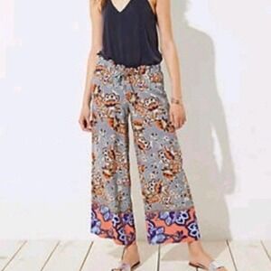 Loft Ankle Pants Womens Small Multicolor Floral Print Rayon Wide Leg Drawstring